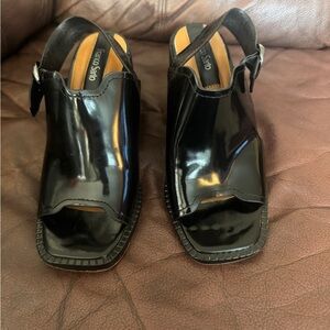 Franco Sarto Black Patent Leather Mules